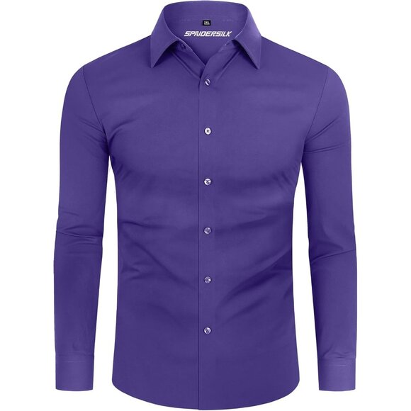 Men Purple Long Sleeve Slim Muscle Fit Wrinkle Free Button Down Dress Shirts - Picture 8 of 9